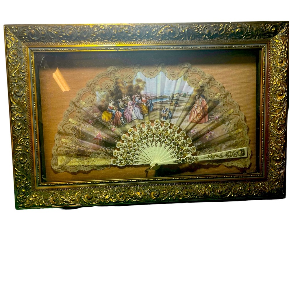 1900’s Antique Hand Painted Fan Placed Inside Of A Beautiful Golden Frame.